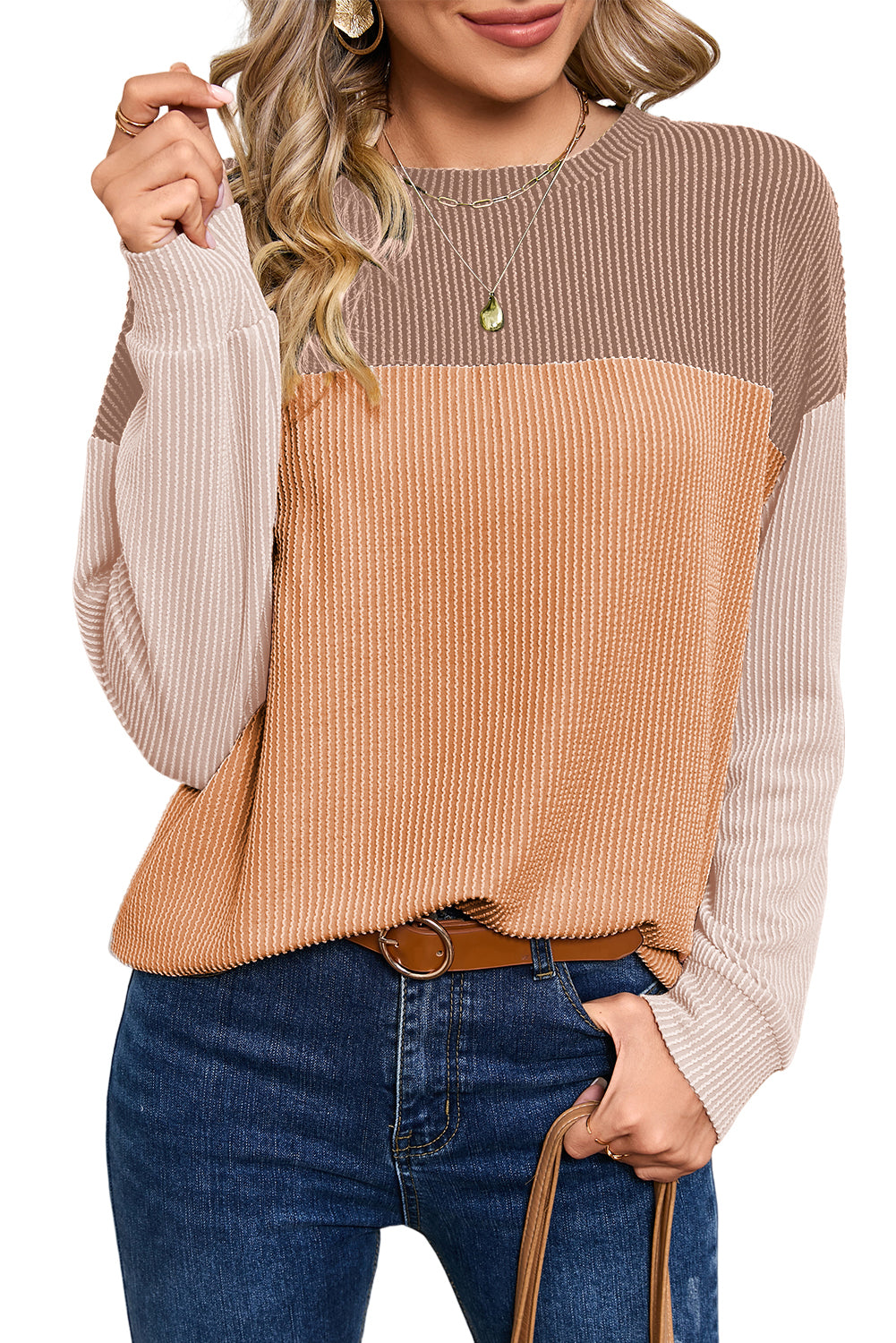 Red Color Block Ribbed Loose Long Sleeve Top