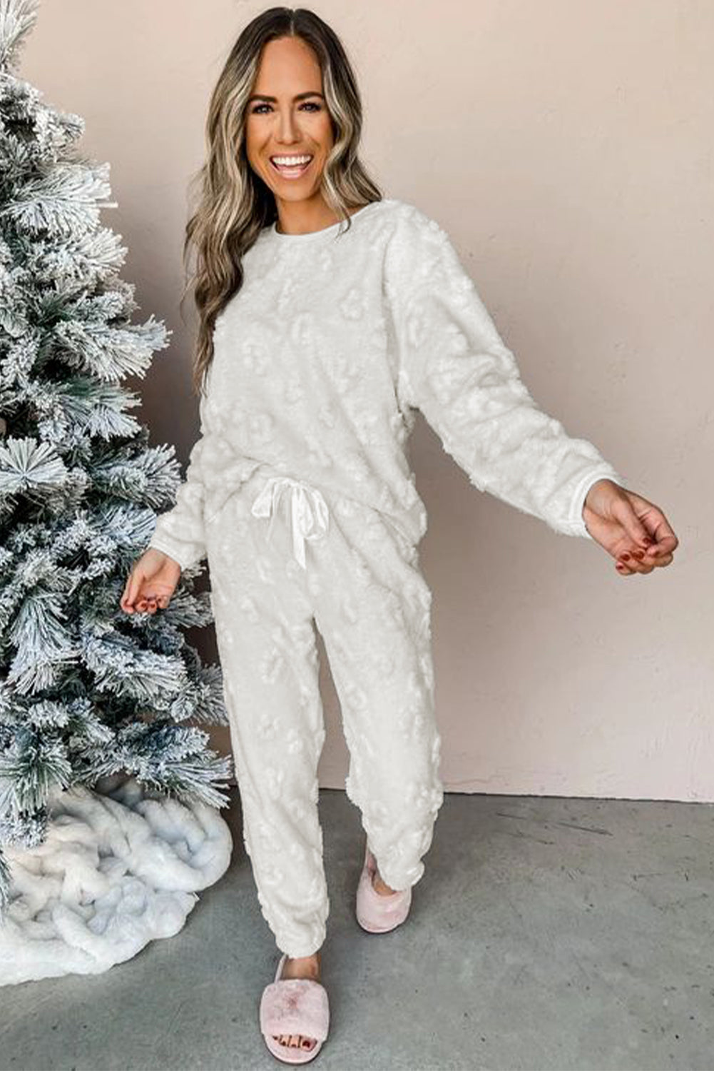 Light Grey Textured Loose Fit Fleece Loungewear Set