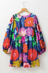 Colorful Floral V Neck Balloon Sleeve Plus Size Babydoll Dress