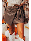 Coffee Bowknot Faux Leather Plain Mini Skirt