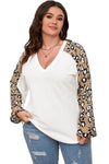 Beige Plus Size Waffle Knit Contrast Leopard Long Sleeve Top