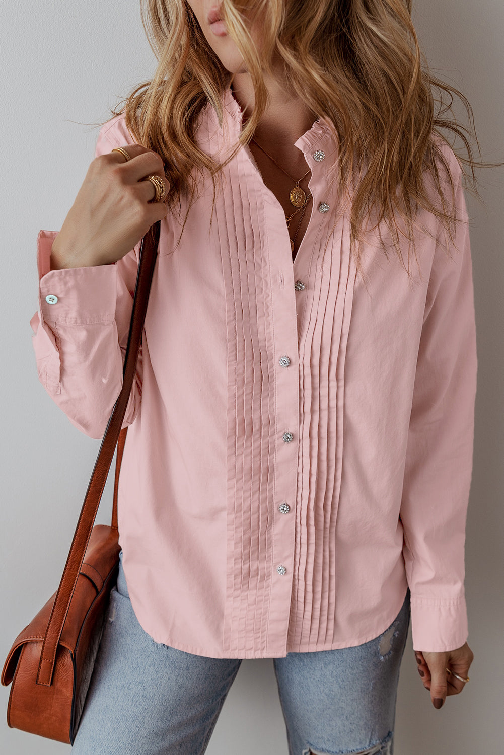 Light Pink Pleated Button-up Plain Shirt