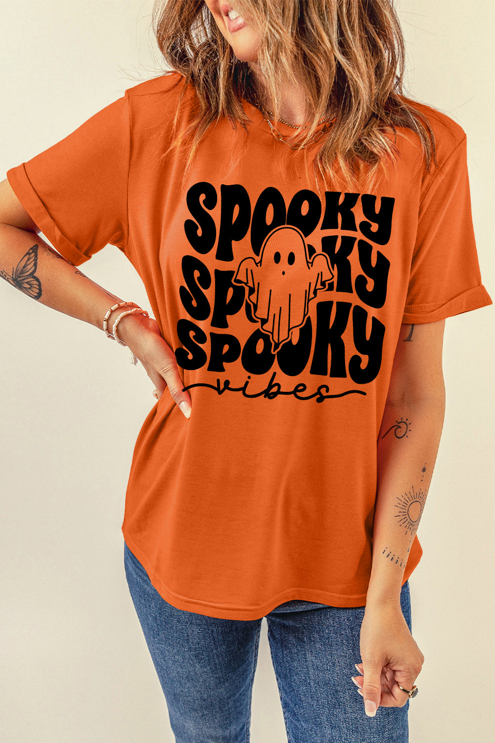 Orange Casual SPOOKY Ghost Print Graphic Tee