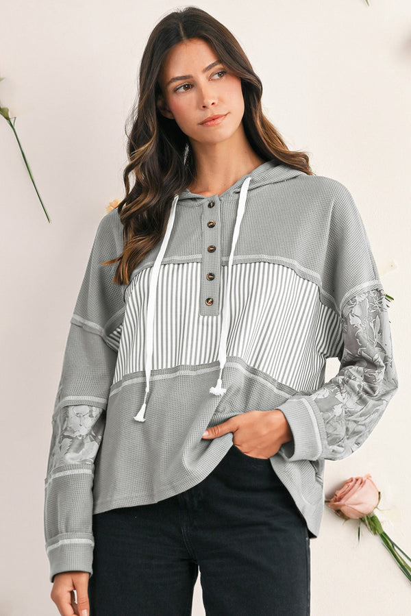Gray Waffle Patchwork Drawstring Hooded Long Sleeve Top