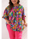 Rose Abstract Print Plus Size Frilly Trim Blouse