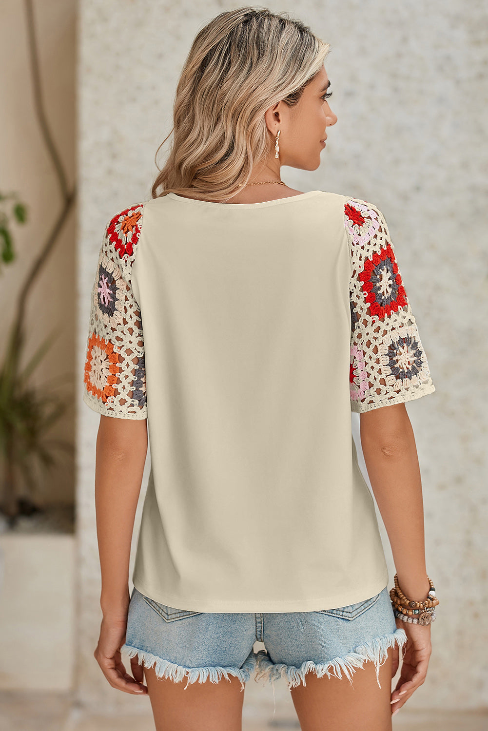 White Floral Hollowed Crochet Sleeve Boho T Shirt