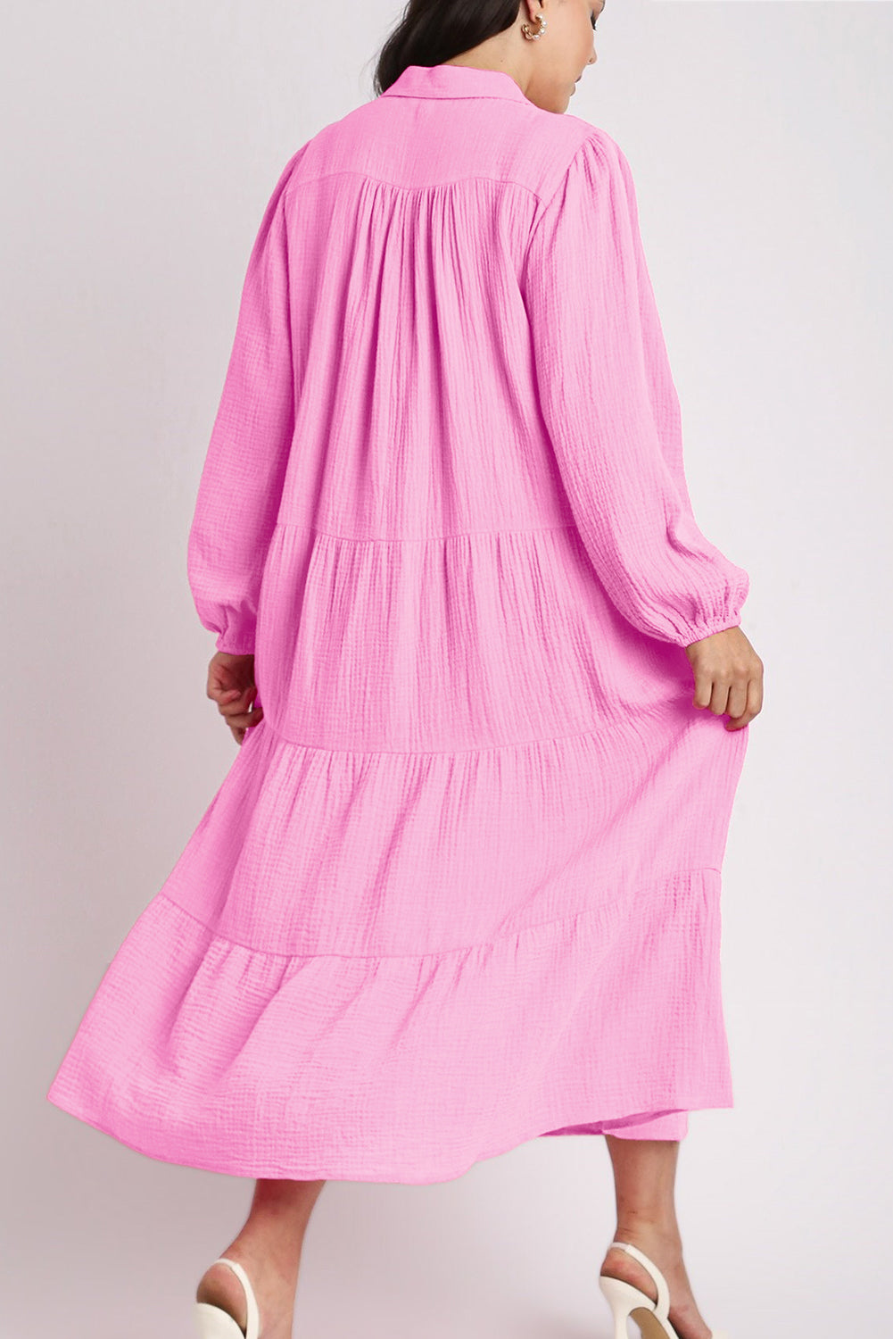 Bonbon Plain Collared V Neck Tiered Loose Fit Midi Dress