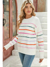 Black Colorful Striped Ribbed Trim Round Neck Sweater