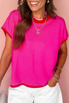 Rose Red Contrast Trim Round Neck Short Sleeve Loose Knit Top