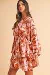 Brown Floral Puff Sleeve Shirred Waist Layered Dress