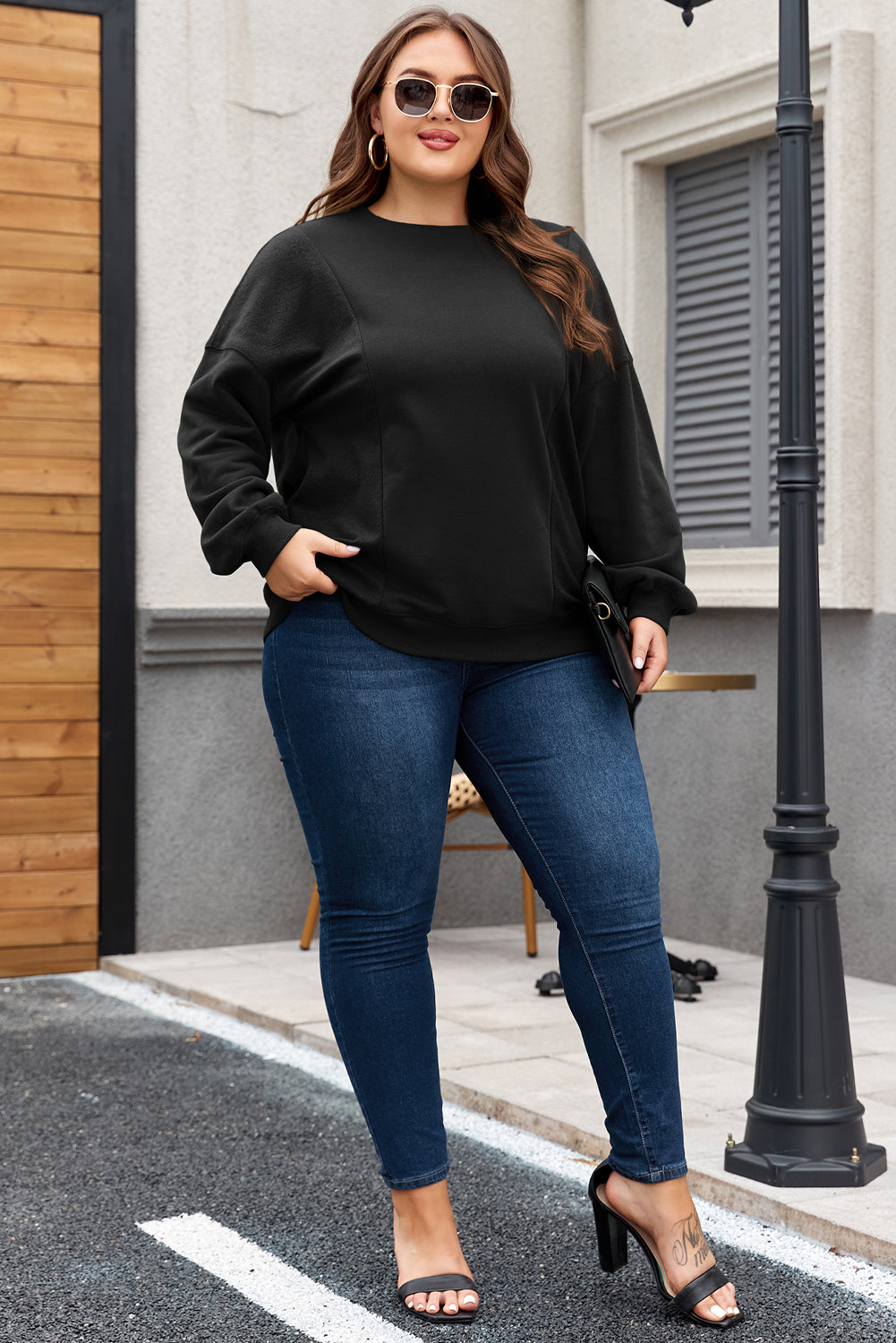 Apricot Loose Patchwork Crewneck Plus Size Sweatshirt