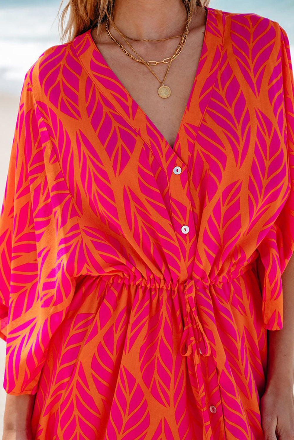 Orange Leafy Print 3/4 Sleeve V Neck Buttoned Split Maxi Dress