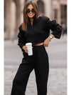 Black Zipped Collared Cropped Top and Wide Leg Pants Set