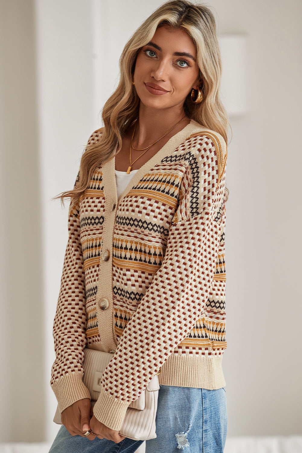 Khaki Geometric Pattern Button Front V Neck Cropped Cardigan