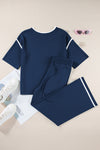 Navy Blue Loose Contrast Trim Half Sleeve Top and Drawstring Pants Set