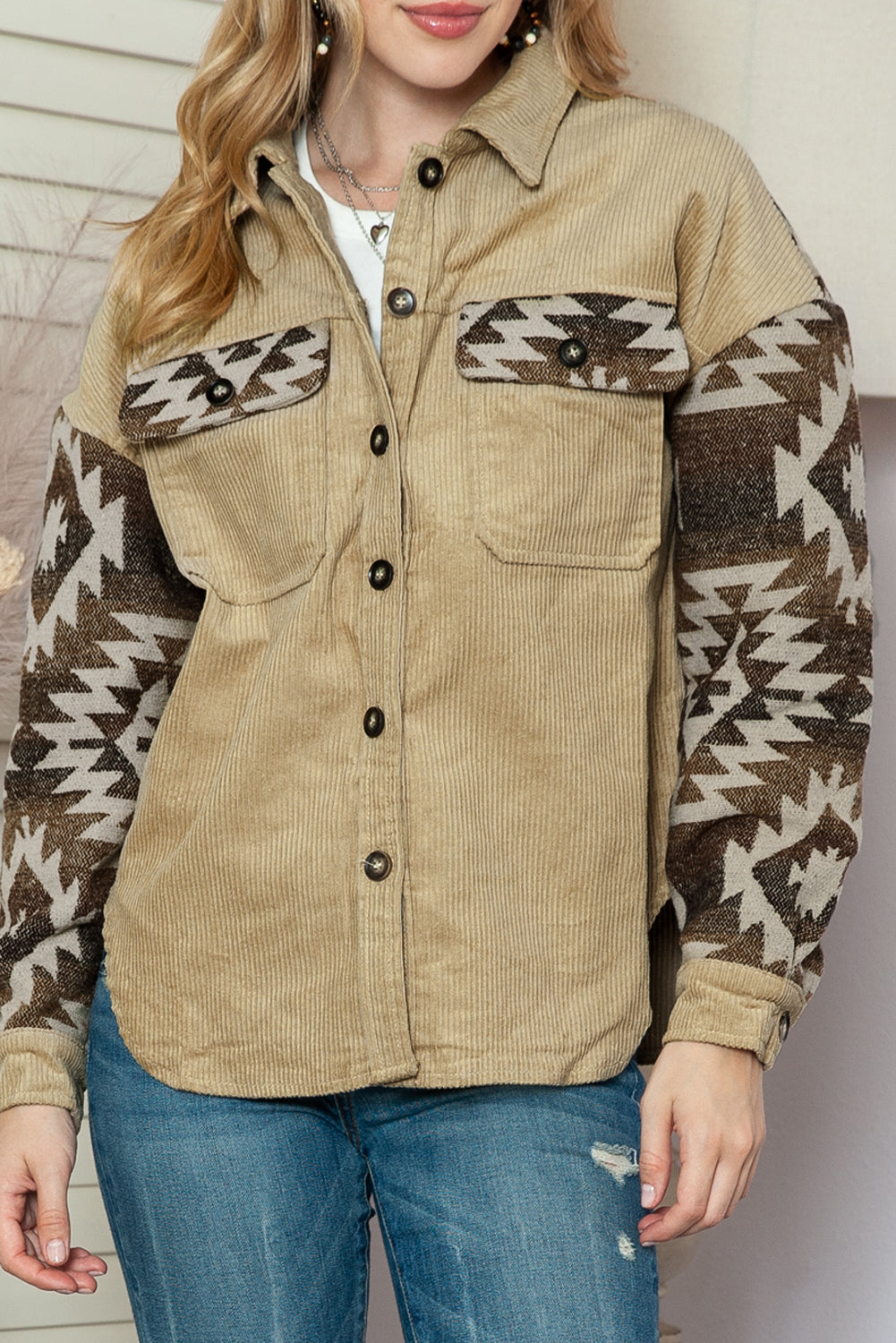 Khaki Geometric Print Patchwork Frayed Edge Corduroy Jacket