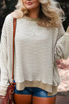 Brown Plus Size Stripe Ribbed Trim Drop Shoulder Long Sleeve Oversized Top