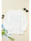 White USA Flag Print Ribbed Drop Shoulder Sweatshirt