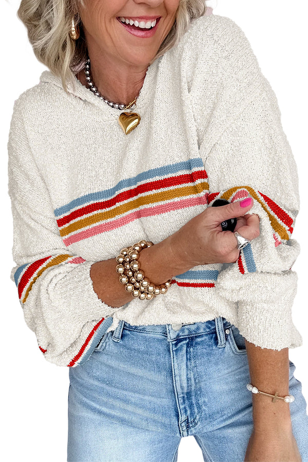 White Casual Striped Drop Sleeve Hooded Sweater