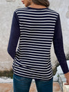 Decorative Button Striped Round Neck Long Sleeve T-Shirt - Cocoa Yacht Club