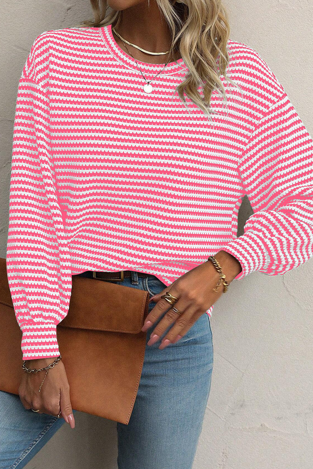 Black Striped Round Neck Drop Shoulder Long Sleeve Top