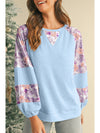 Beau Blue Crinkle Rib Floral Patchwork Balloon Sleeve Top