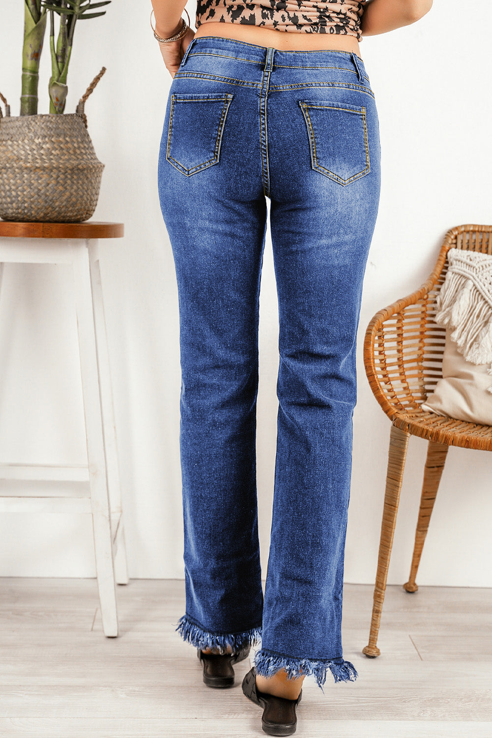 Sky Blue Raw Hem High Waist Straight Leg Jeans