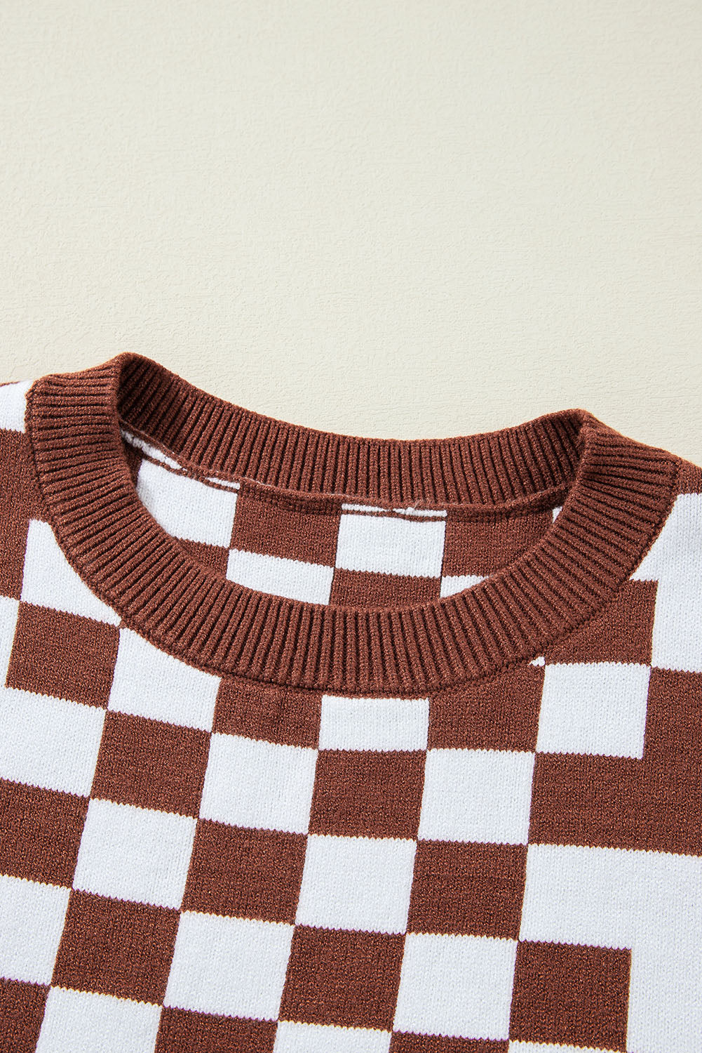 Carrot Checkered Drop Shoulder Round Neck Sweater