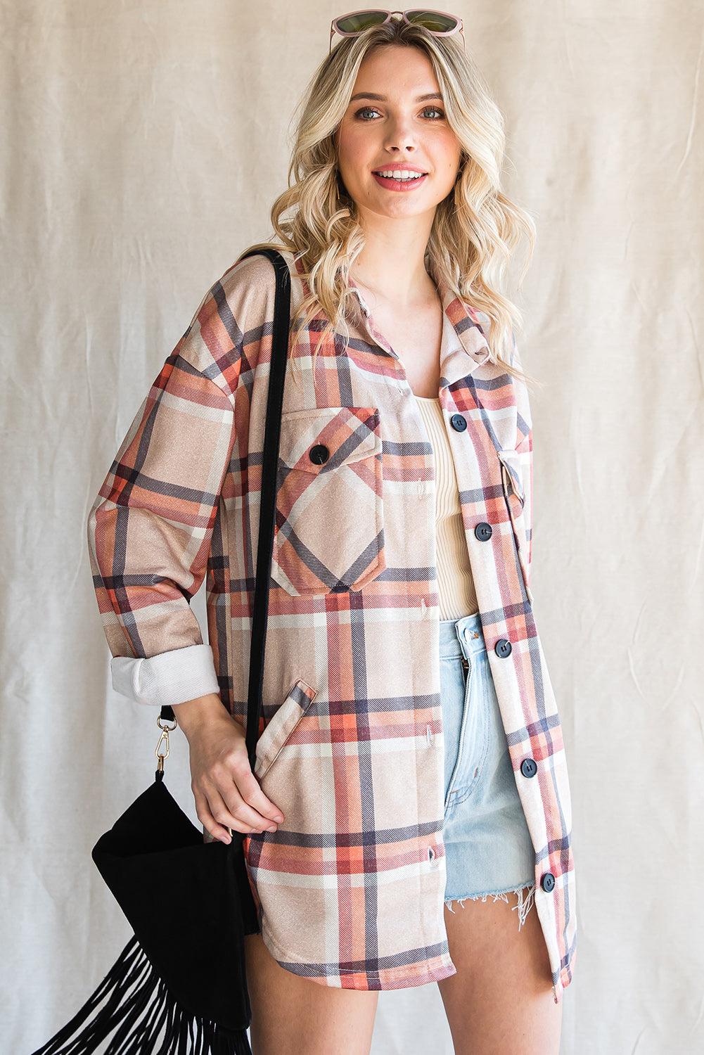 Khaki Plaid Casual Pockets Buttoned Shacket