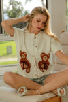 BiBi Teddy Bear With Bow Patched Sweater Button Down Top