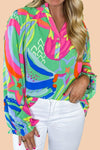 Green Plus Size Abstract Frill V Neck Puff Sleeve Blouse