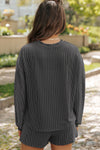 Carbon Grey Twisted Rib Sequin Bow Patched Long Sleeve Top and Shorts Set