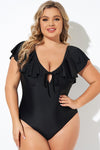 Black Ruffle Sleeve Lace-up V Neck Plus Size One Piece Swimsuit