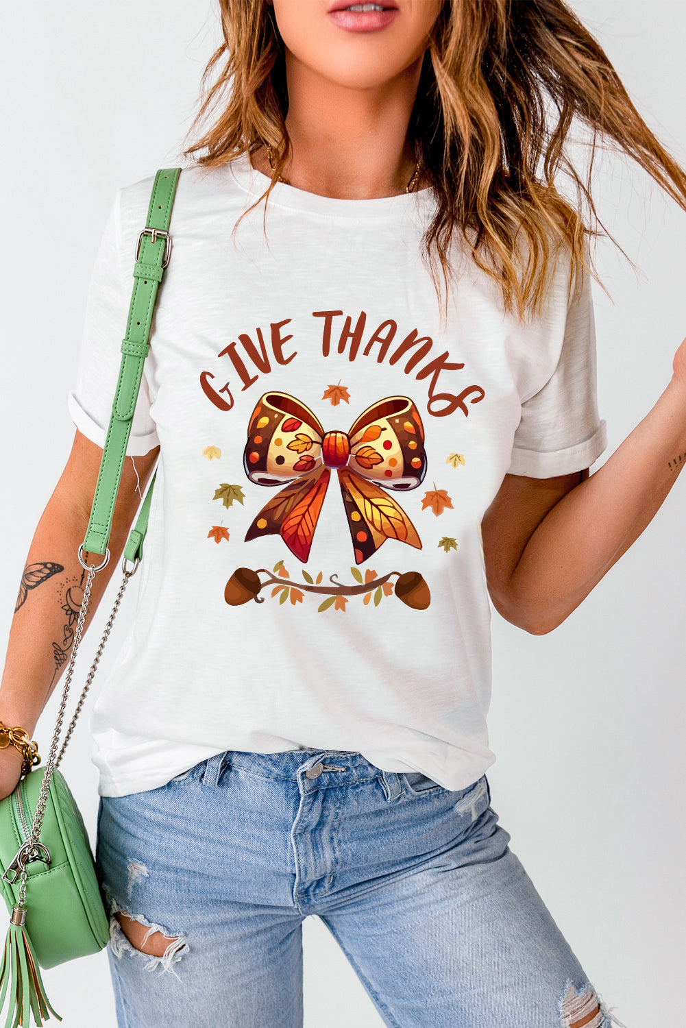 White GIVE THANKS Bowknot Thanksgiving Graphic Tee