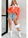 Orange Colorblock Zipper Stand Neck Sherpa Sweatshirt