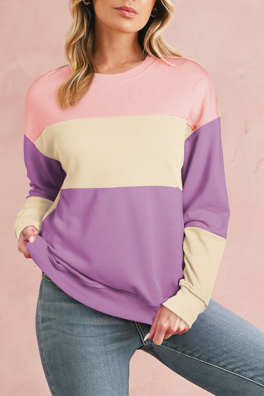 Sky Blue Colorblock Drop Shoulder Sweatshirt