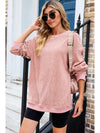 Pink Solid Ribbed Round Neck Pullover Sweatshirt