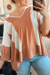 Bright Pink Ribbed Patchwork 3/4 Sleeve V Neck Loose Top