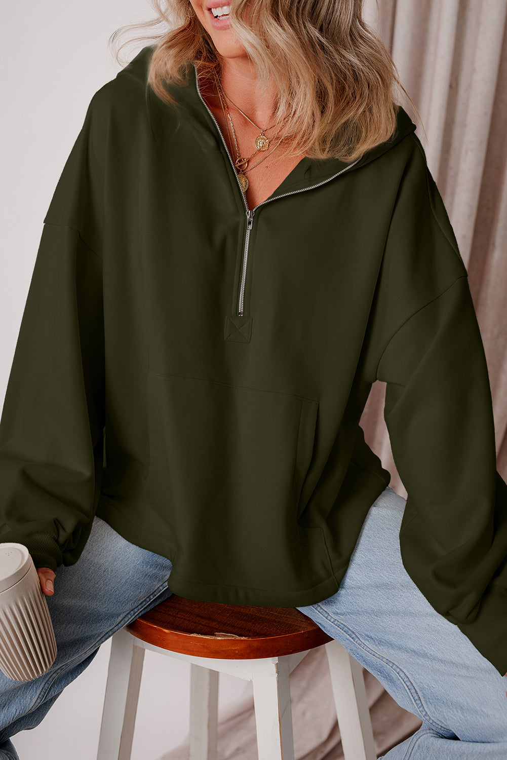 Smoke Green Half Zipper Kangaroo Pockets Drop Shoulder Hoodie