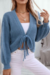 Dusk Blue Solid Color Lace Up V Neck Knit Cardigan