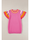 Bright Pink Contrast Sleeve Striped Round Neck Knitted Tee