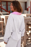 Light Grey Stripe Patchwork Loose Long Sleeve Top Drawstring Waist Pants Set