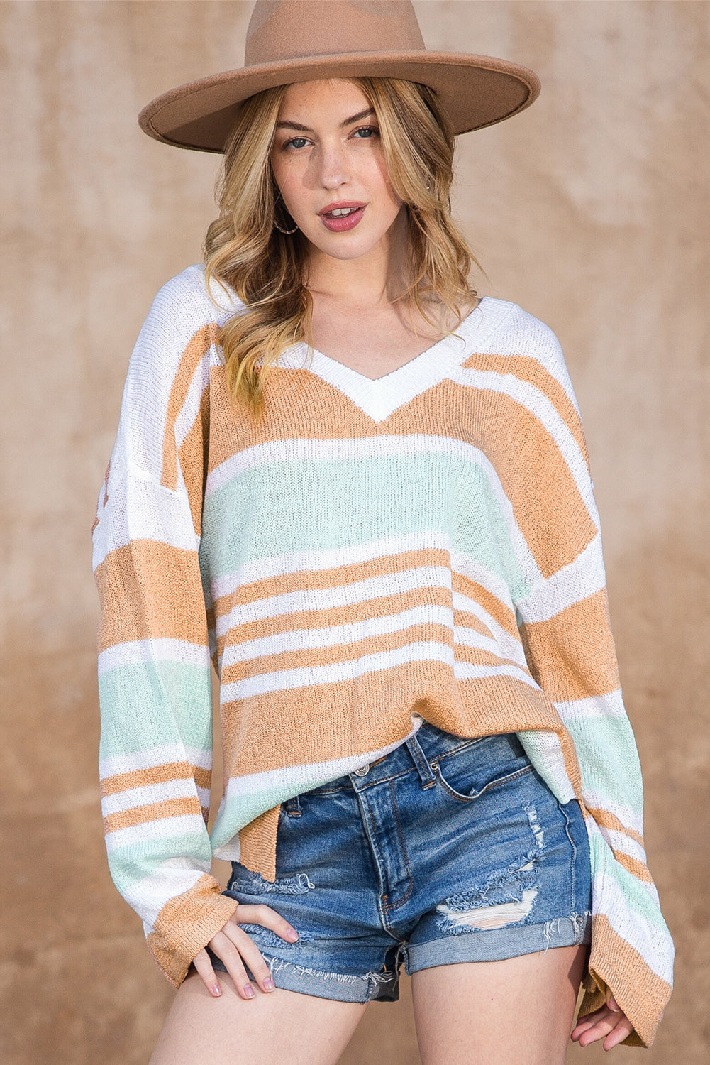 Multicolor Colorblock Stripe V Neck Split Sweater