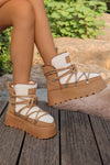 Camel Sherpa PU Leather Patchwork Lace-up Thick Bottom Snow Boots