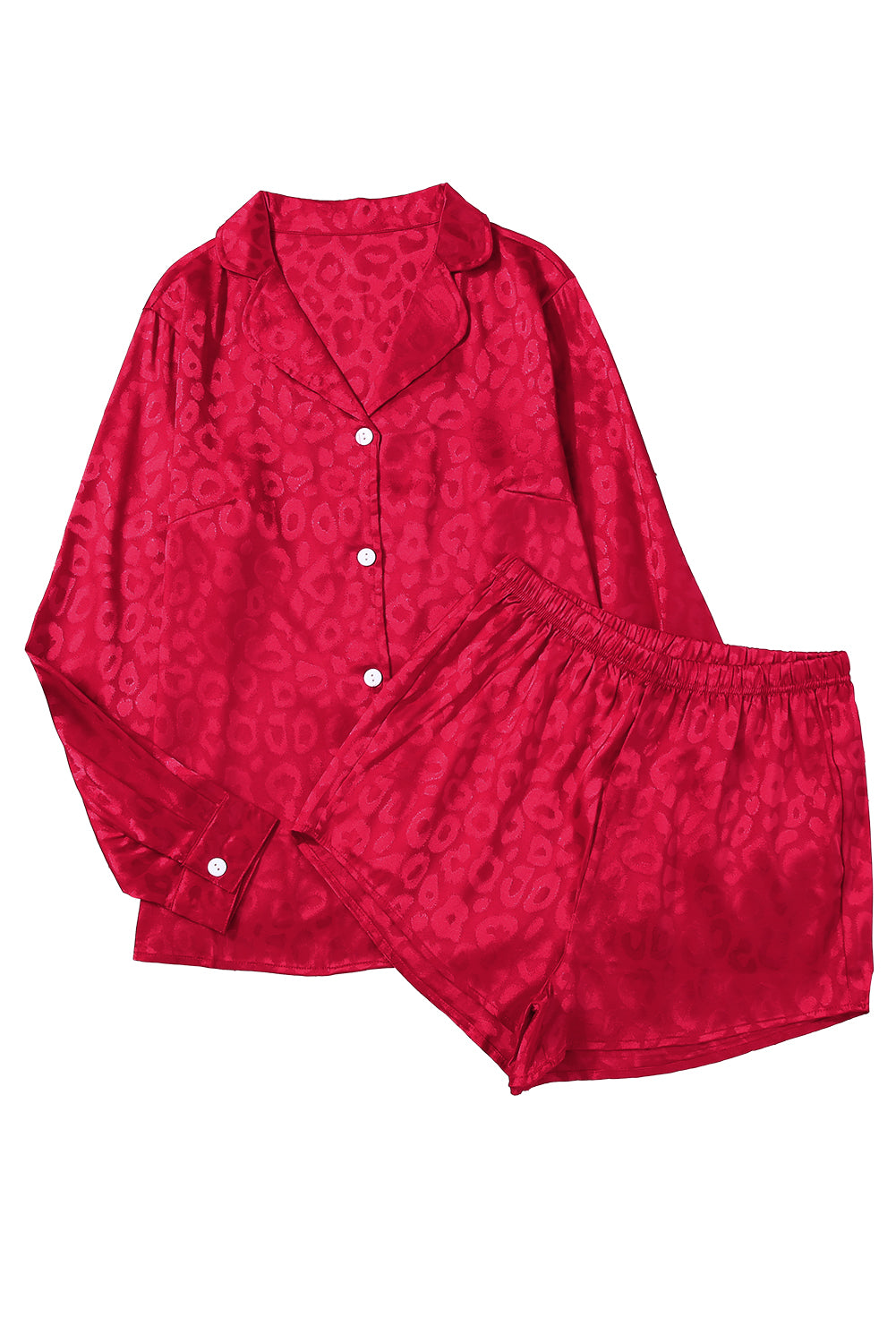 Red Leopard Satin Long Sleeve Top & Shorts Loungewear Set