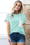 Pink Corded Colorblock Pocket Crew Neck T Shirt