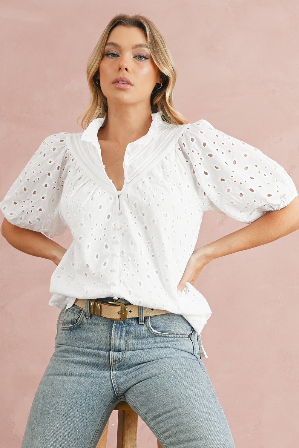 Bonbon Hollow-out Flower Embroidered Short Puff Sleeve Blouse