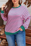 Pink Stripe Waffle Knit Crew Neck Plus Size Sweatshirt