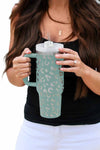 Green 40oz Stainless Steel Portable Leopard Tumbler Mug With Handle