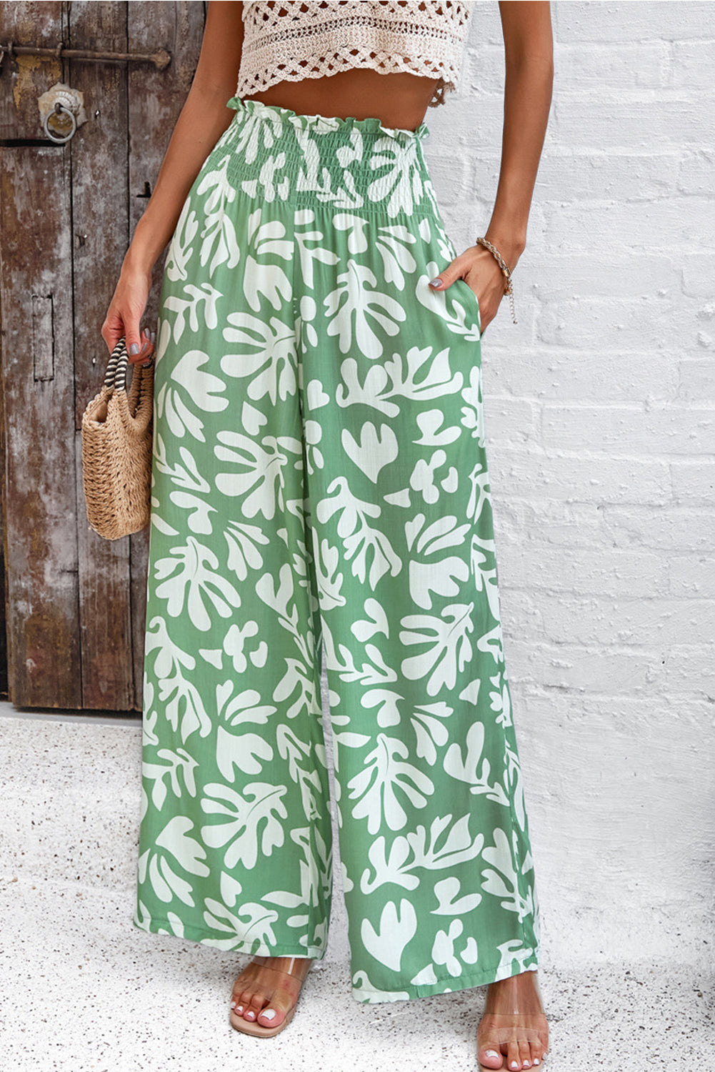 Green Boho Floral Print Frill Elastic Waist Pants